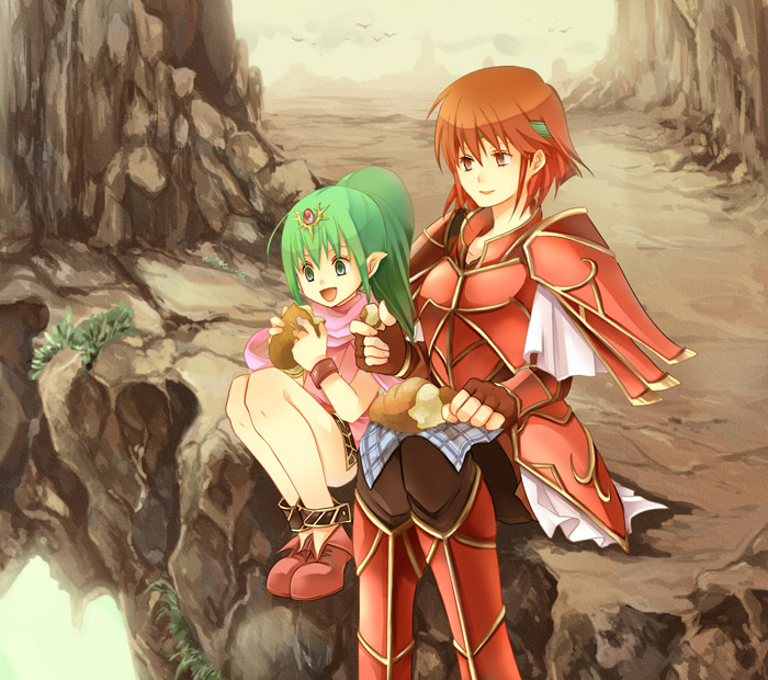 2girls, armor, bird, boots, bracelet, bread, cape, eating