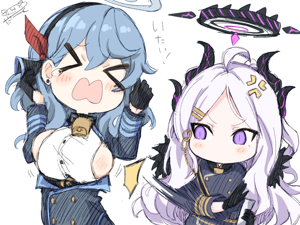 >_<, 2girls, :o, ahoge, ako_(blue_archive), anger_vein, bell, black_gloves