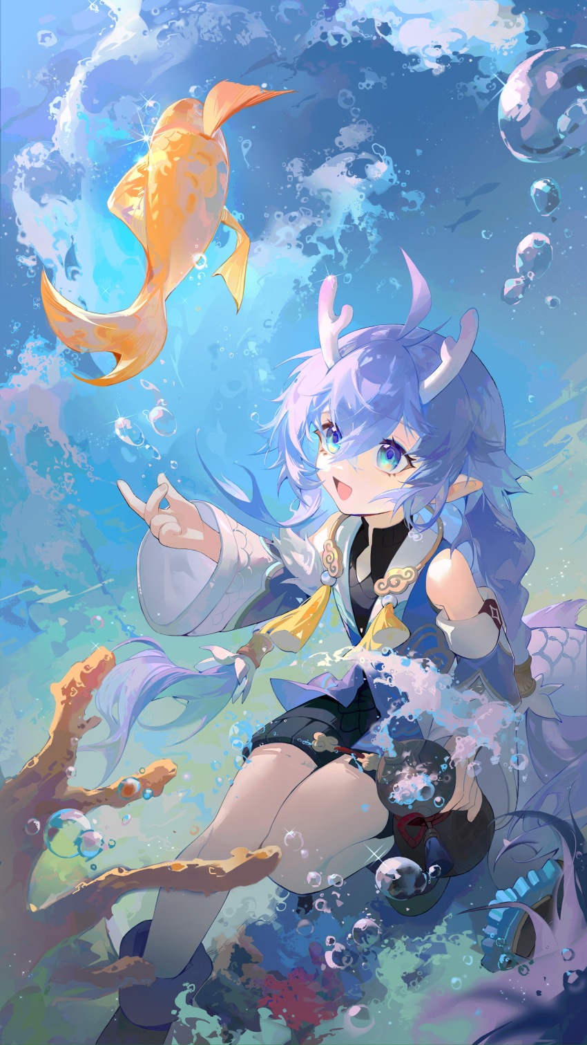 1girl, :d, absurdres, ahoge, air_bubble, bailu_(honkai:_star_rail), baofandxy, bare_shoulders, black_dress, blue_eyes, blue_hair, blue_sleeves, blue_vest, boots, bubble, coral, crossed_bangs, detached_sleeves, dragon_girl, dragon_horns, dragon_tail, dress, eastern_dragon_horns, eastern_dragon_tail, fish, foot_out_of_frame, gourd, hand_up, highres, holding, holding_gourd, honkai:_star_rail, honkai_(series), horns, long_hair, open_mouth, pointy_ears, smile, solo, sparkle, tail, tassel, twintails, underwater, vest, water
