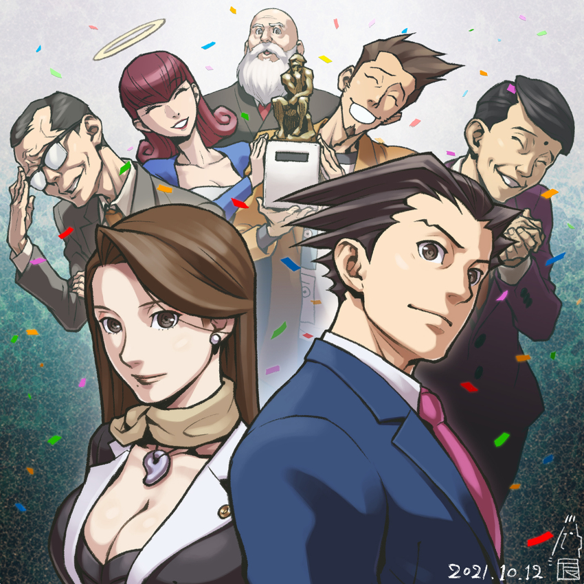 2girls, 5boys, ace_attorney, asymmetrical_bangs, bald, beard, black_hair, blue_jacket, breasts, brown_eyes, brown_hair, cindy_stone, cleavage, collared_shirt, confetti, dated, facial_hair, frank_sahwit, glasses, grey_jacket, halo, highres, iwamoto_tatsurou, jacket, jewelry, large_breasts, larry_butz, long_hair, long_sleeves, looking_at_viewer, magatama, magatama_necklace, mia_fey, mole, mole_under_mouth, multiple_boys, multiple_girls, mustache, necklace, necktie, official_art, old, old_man, open_mouth, phoenix_wright, phoenix_wright:_ace_attorney, pink_jacket, pink_necktie, scarf, shirt, short_hair, smile, spiked_hair, statue, the_judge_(ace_attorney), the_thinker, white_shirt, winston_payne, yellow_scarf