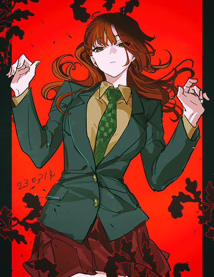 1girl, blazer, blue_jacket, braid, brown_skirt, buttons, checkered_necktie, chidouin_sara