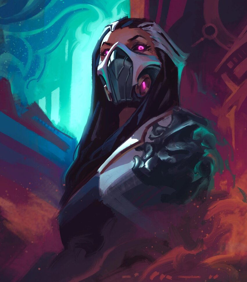 1girl, black_hair, black_sclera, colored_sclera, evil_eyes, glowing, glowing_eyes, grey_hair, highres, ladra_de_sonhos, league_of_legends, long_hair, looking_at_viewer, mask, multicolored_background, pink_eyes, renata_glasc, respirator, shoulder_plates, solo, upper_body, white_hair