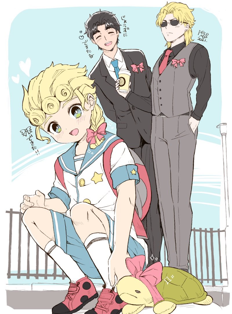 3boys, aged_down, belt, black_jacket, black_pants, black_shirt, blonde_hair, blush