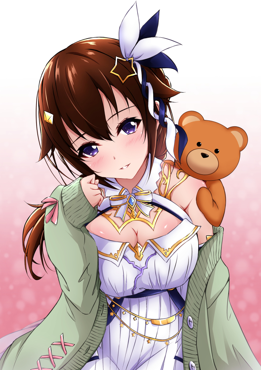 1girl, ankimo_(tokino_sora), blue_eyes, blush, breasts, brown_hair, cropped_vest, naturally_detached_hair