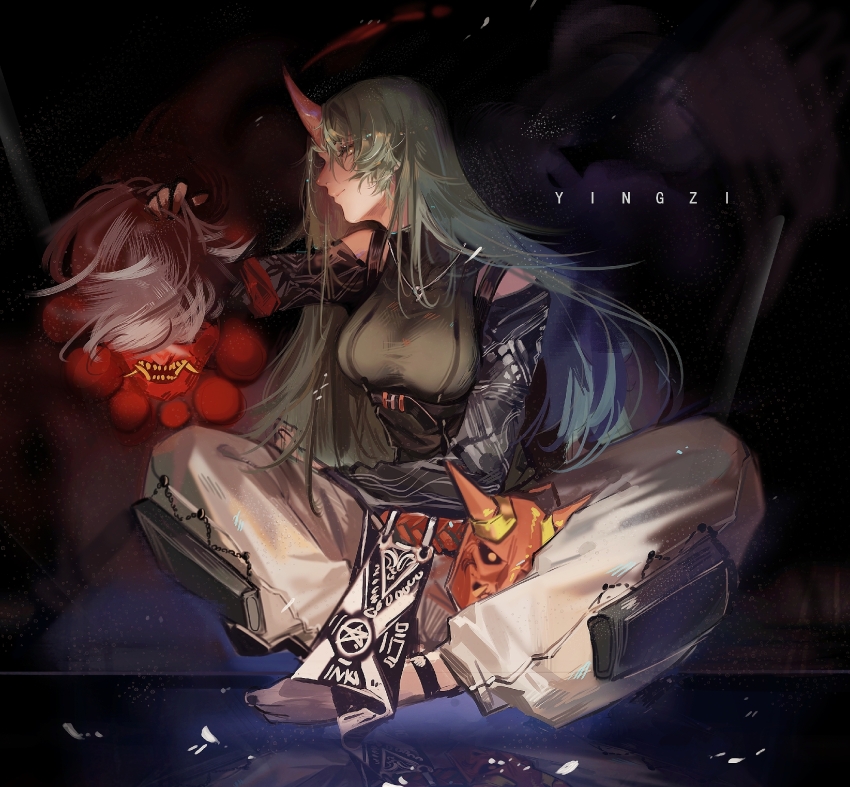 1girl, arknights, artist_name, black_shirt, black_vest, chinese_commentary, closed_mouth, commentary_request, full_body, green_hair, highres, horns, hoshiguma_(arknights), hoshiguma_(ronin_huntress)_(arknights), indian_style, long_hair, mask, official_alternate_costume, oni, oni_mask, pants, profile, shirt, sideways_glance, single_horn, sitting, skin-covered_horns, solo, very_long_hair, vest, white_pants, yellow_eyes, yingzi