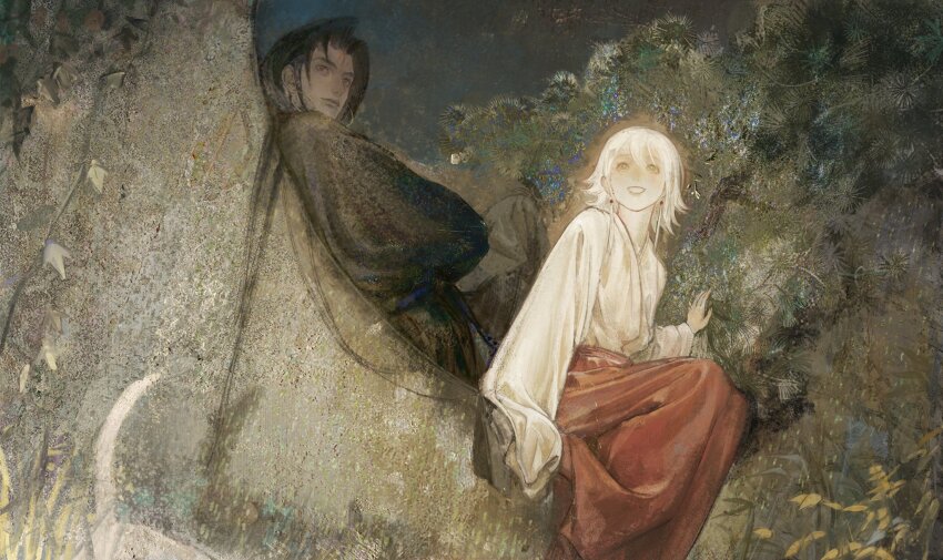 2boys, androgynous, asura_(onmyoji), black_hair, black_robe, dark-skinned_male, dark_skin, dutch_angle, earrings, facial_mark, forehead_mark, from_below, hakama, hand_up, highres, hoop_earrings, in_tree, japanese_clothes, jewelry, jinhe056, kimono, knee_up, knees_up, long_hair, long_sleeves, looking_away, looking_to_the_side, male_focus, multiple_boys, nature, onmyoji, plant, reclining, red_hakama, robe, short_hair, sitting, sleeves_past_fingers, sleeves_past_wrists, smile, taishakuten_(onmyoji), traditional_media, tree, very_long_hair, vines, white_hair, white_kimono, wide_sleeves