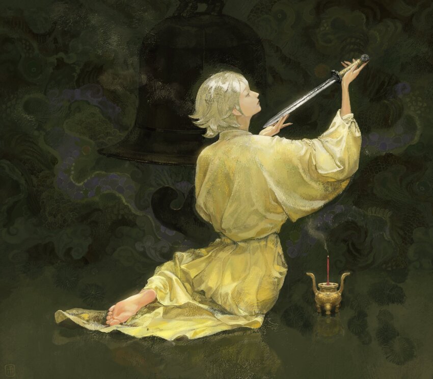1boy, androgynous, arm_up, barefoot, bell, blonde_hair, incense_burner, flipped_hair, from_behind, grey_hair, hand_up, highres, holding, holding_sword, holding_weapon, incense, japanese_clothes, jinhe056, kimono, long_sleeves, looking_to_the_side, looking_up, male_focus, onmyoji, profile, short_hair, short_sword, sitting, smoke, soles, solo, sword, taishakuten_(onmyoji), unsheathed, weapon, wide_sleeves, yellow_kimono, yellow_theme, yokozuwari