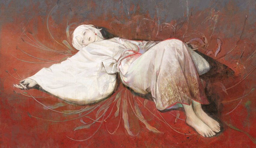 1boy, androgynous, barefoot, earrings, empty_eyes, floral_background, flower, flower_request