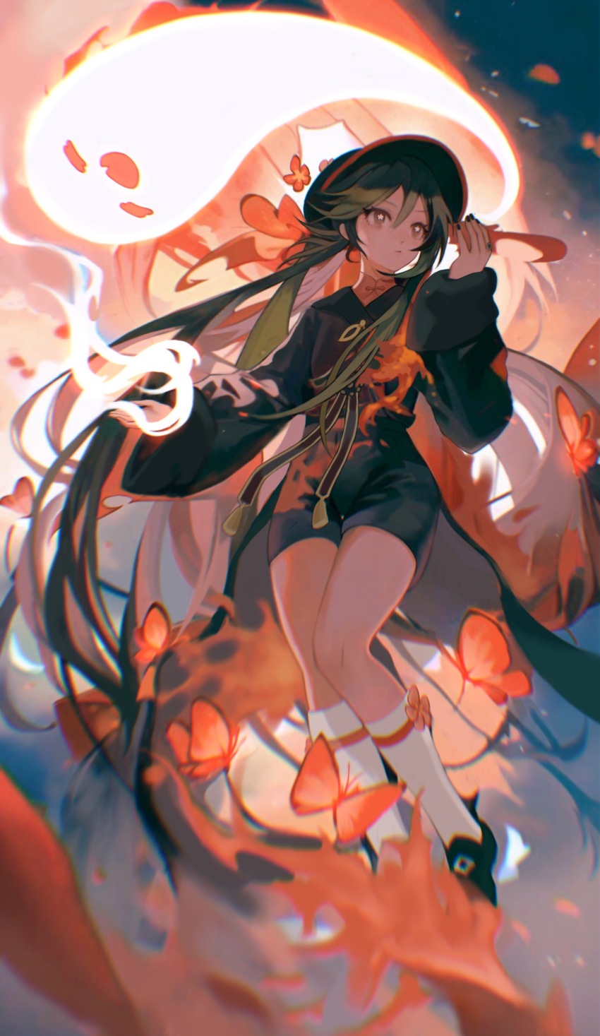 1girl, absurdly_long_hair, absurdres, black_coat, black_headwear, black_nails, black_shoes, black_shorts, boo_tao_(genshin_impact), brown_eyes, bug, butterfly, closed_mouth, coat, expressionless, fire, flower, flower-shaped_pupils, full_body, genshin_impact, hand_up, highres, hu_tao_(genshin_impact), insect, jewelry, kneehighs, long_hair, long_sleeves, miracle07761, plum_blossoms, ring, shoes, shorts, socks, solo, symbol-shaped_pupils, very_long_hair, white_socks