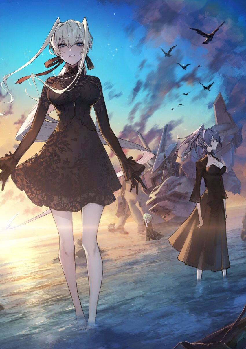 bird, black_dress, black_gloves, breasts, cleavage_cutout, clothing_cutout, damaged, dress