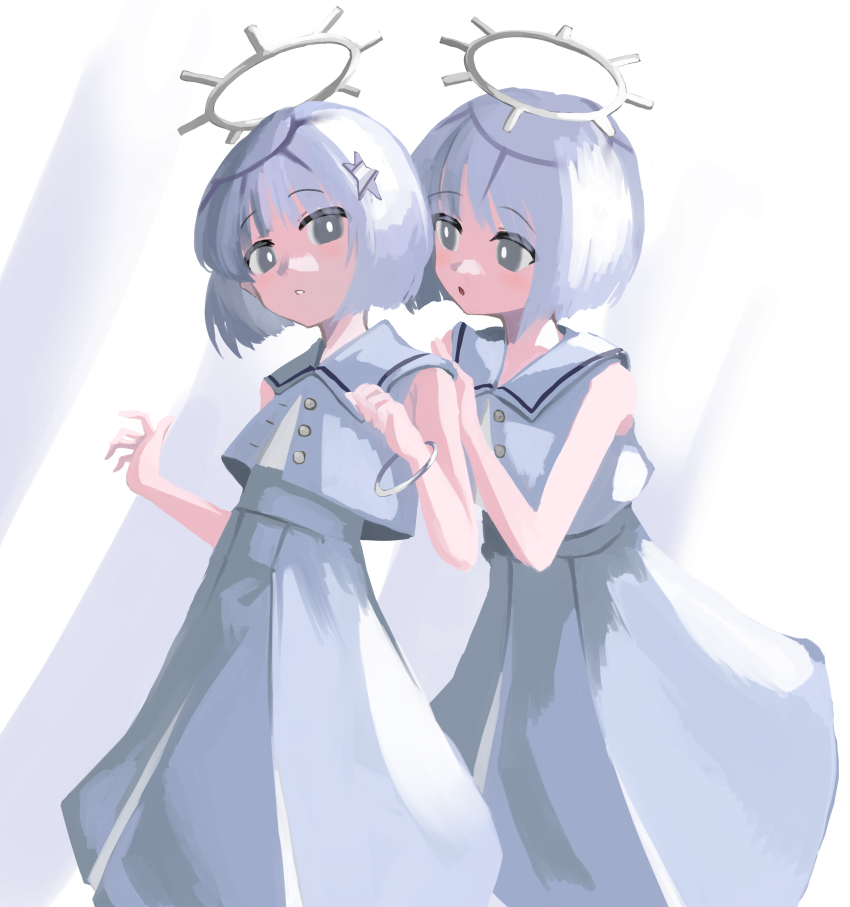 2girls, absurdres, behind_another, blunt_ends, bob_cut, bright_pupils, coeiroink, cropped_shirt, dress, feet_out_of_frame, grey_dress, grey_eyes, grey_hair, grey_sailor_collar, grey_shirt, hair_ornament, halo, hand_on_another's_shoulder, hand_up, hands_up, highres, hino_(mkmkobk), looking_at_viewer, multiple_girls, nako_(coeiroink), open_mouth, parted_lips, reco_(coeiroink), sailor_collar, shirt, short_hair, siblings, sleeveless, sleeveless_dress, sleeveless_shirt, star_(symbol), star_hair_ornament, twins, white_pupils