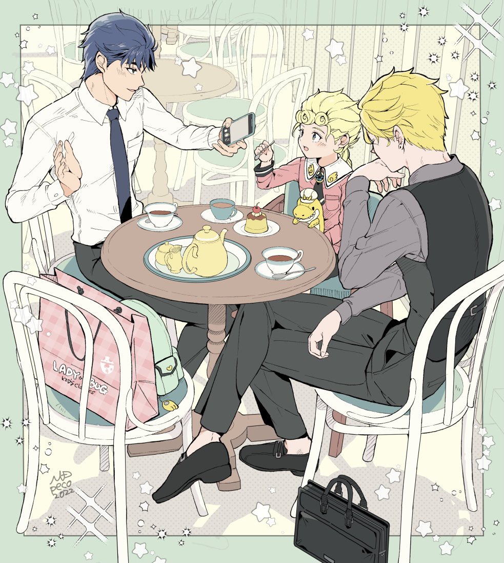 2022, 3boys, aged_down, backpack, bag, black_footwear, black_pants, black_vest, blonde_hair, blue_hair, blue_necktie, blush, braid, cellphone, chair, child, crossed_legs, cup, dio_brando, family, father_and_child, father_and_son, food, giorno_giovanna, grey_shirt, holding, holding_phone, implied_yaoi, jojo_no_kimyou_na_bouken, jonathan_joestar, long_sleeves, looking_at_phone, morino_peko, multiple_boys, necktie, outdoors, pants, parent_and_child, phone, pudding, shirt, shopping_bag, short_hair, sitting, smartphone, smile, stuffed_animal, stuffed_toy, table, taking_picture, teacup, teapot, vento_aureo, vest, white_shirt
