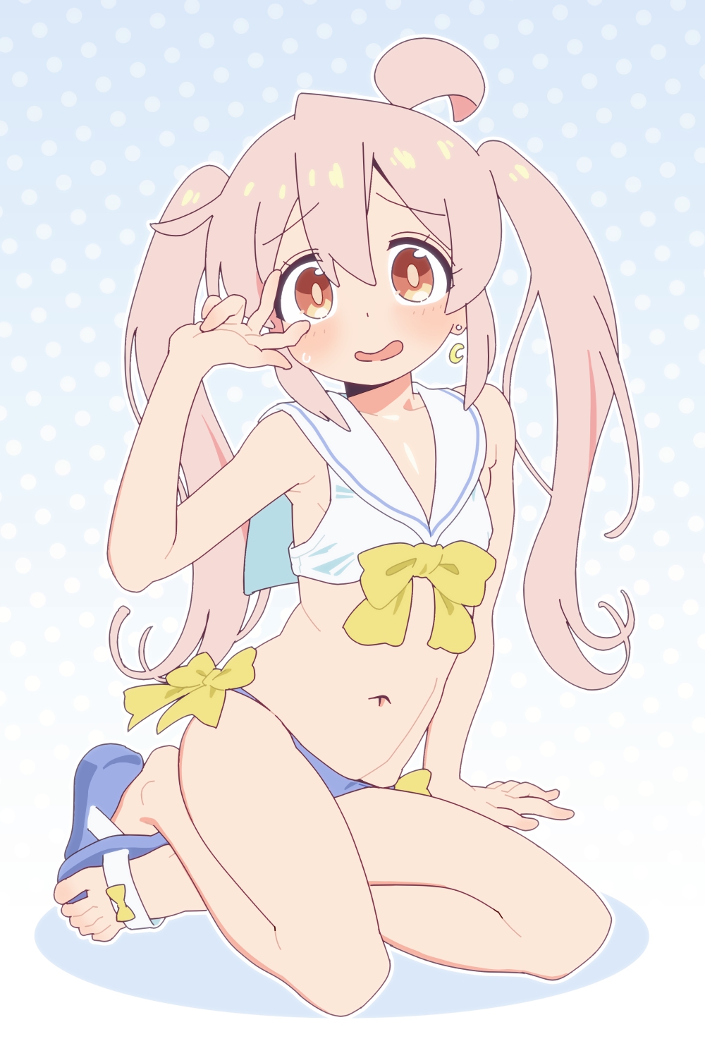 1girl, ahoge, bare_legs, bikini, blush, commentary_request, embarrassed, highres, idolmaster, kneeling, long_hair, looking_at_viewer, magari_(c0rn3r), navel, onii-chan_wa_oshimai!, oyama_mahiro, ribbon, ribbon-trimmed_swimsuit, ribbon_trim, sailor_bikini, sailor_collar, sailor_swimsuit_(idolmaster), sandals, swimsuit, toes, twintails, v, yellow_ribbon