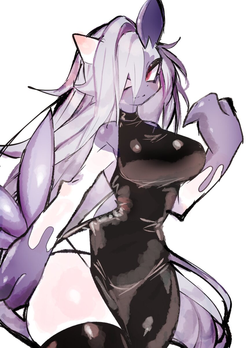 1girl, bare_arms, black_dress, black_thighhighs, breasts, claws, closed_mouth, cowboy_shot, dress, furry, furry_female, gen_2_pokemon, grey_hair, hair_over_one_eye, highres, hisuian_sneasel, large_breasts, light_smile, long_hair, looking_at_viewer, nintendo, pokemon, pokemon_(creature), red_eyes, simple_background, solo, standing, thighhighs, usa37107692, white_background, wide_hips