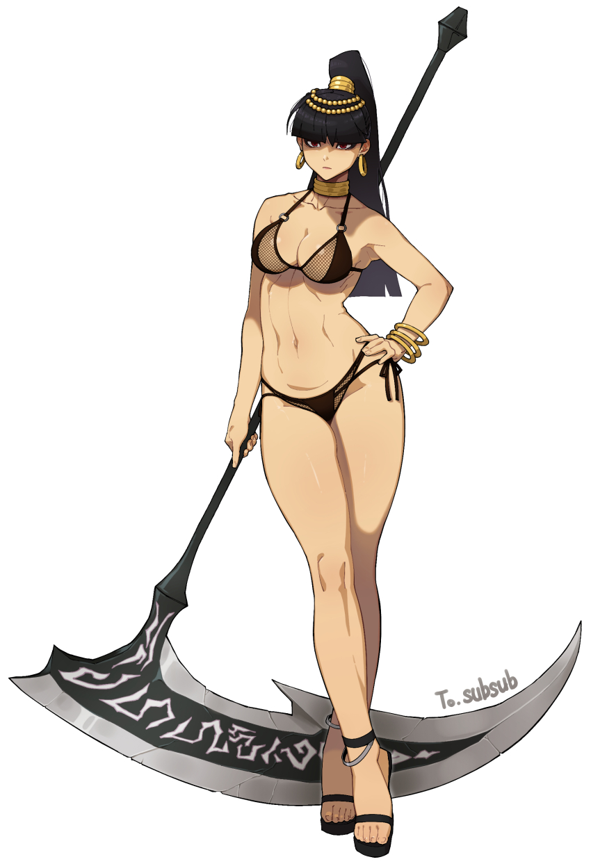 1girl, abs, absurdres, ancient_egyptian, bracelet, breasts, cleavage, cleopatra_(real_life), closed_mouth, earrings, egypt, hand_on_own_hip, highres, holding, holding_scythe, hoop_earrings, jewelry, kangc00, kritika, medium_breasts, navel, scythe, solo