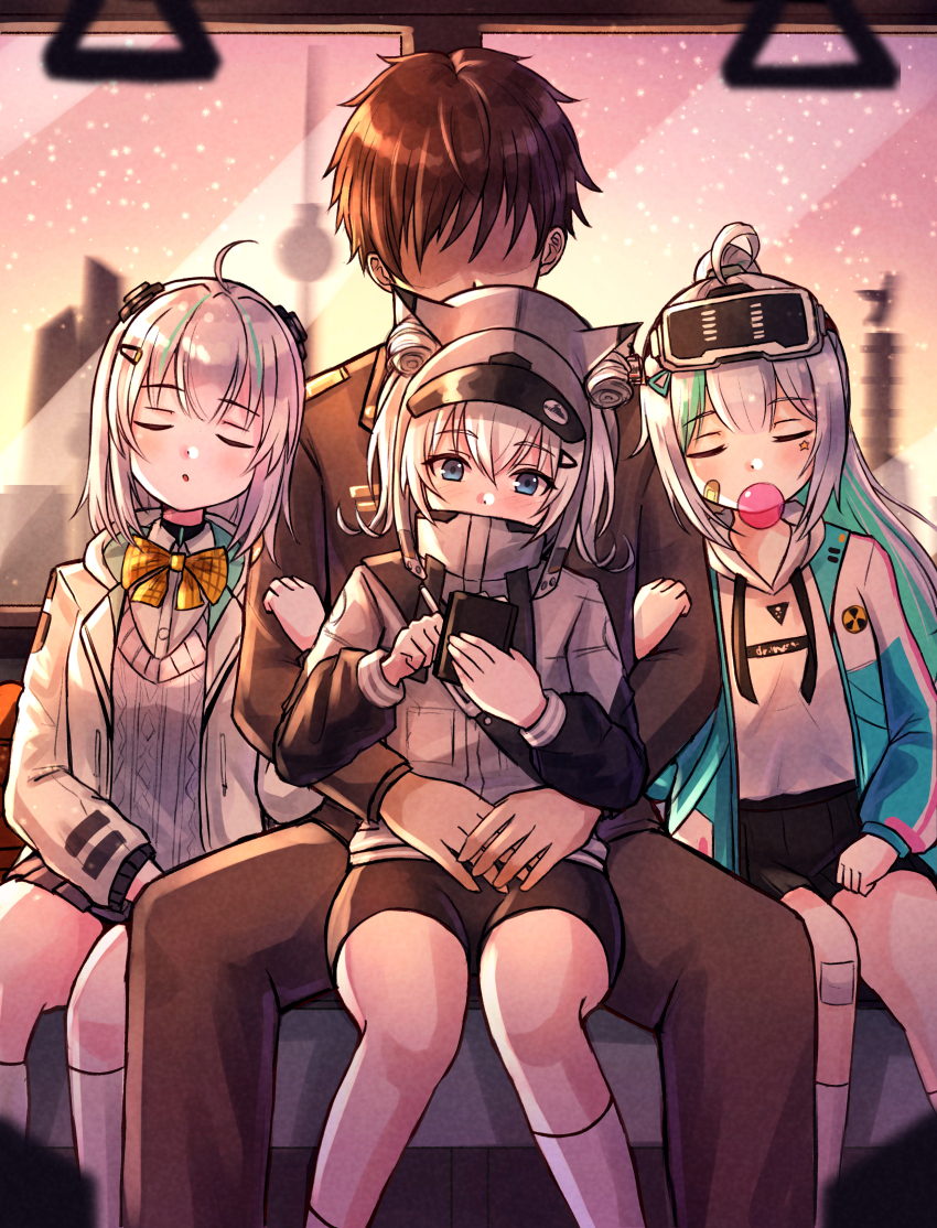 1boy, 3girls, absurdres, admi_(nikke), ahoge, animal_ears, bag, bandaid, bandaid_on_face, bike_shorts, black_shorts, black_skirt, blue_eyes, blurry, book, bow, bowtie, breasts, bug, butterfly, collared_shirt, commander_(nikke), crossed_bangs, double_bun, epinel_(nikke), fake_animal_ears, feet_out_of_frame, food, goddess_of_victory:_nikke, green_eyes, green_hair, grey_hair, grey_headwear, grey_sweater, hair_bun, hair_ornament, hairclip, hand_in_pocket, hand_on_headwear, hand_up, head-mounted_display, headgear, highres, holding, holding_food, holding_skateboard, insect, jacket, jimpu6, kneehighs, leaning_on_person, light_blush, long_sleeves, medium_hair, military, military_uniform, miniskirt, multicolored_hair, multiple_girls, n102_(nikke), note, open_clothes, open_jacket, pink_eyes, pleated_skirt, ponytail, puffy_sleeves, school_bag, school_uniform, shirt, shoes, short_shorts, shorts, sidelocks, sitting, sitting_on_lap, sitting_on_person, skateboard, skirt, sleeping, sleeves_past_wrists, small_breasts, socks, streaked_hair, sweater, thighs, white_hair, white_jacket, white_shirt, white_socks, writing, yellow_bow, yellow_bowtie