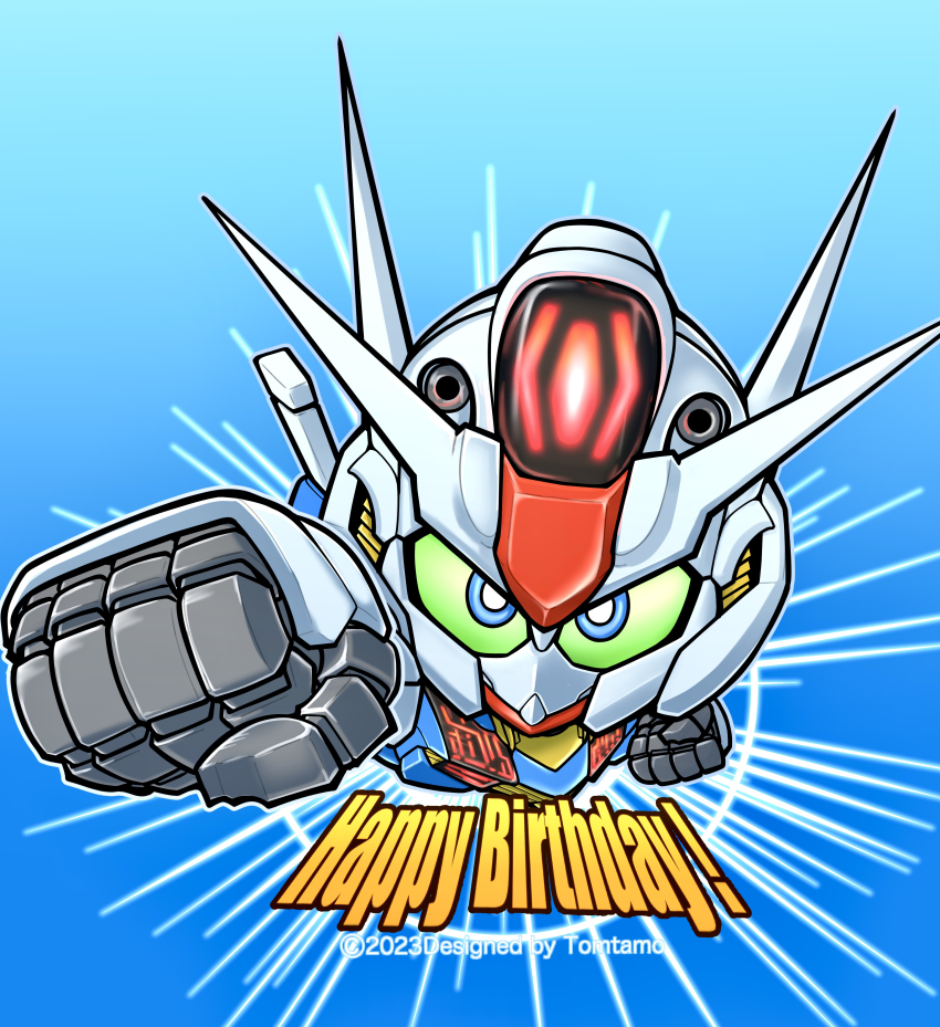 absurdres, arm_up, artist_name, blue_background, blue_eyes, chibi, clenched_hands, colored_sclera