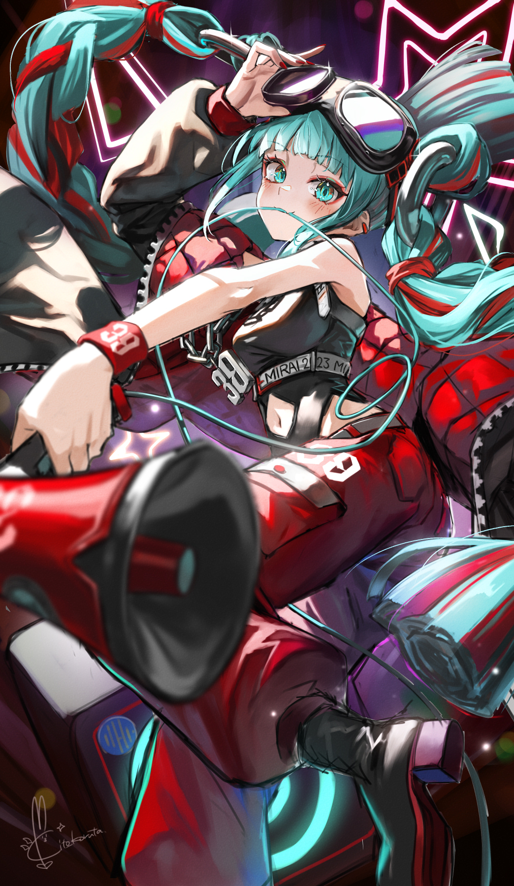 1girl, 39, adjusting_goggles, aqua_eyes, aqua_hair, bare_shoulders, belt, black_boots, black_jacket, blunt_bangs, boots, cable_in_mouth, earrings, goggles, goggles_on_head, hatsune_miku, highres, holding, holding_megaphone, jacket, jacket_partially_removed, jewelry, kito_koruta, long_hair, looking_at_viewer, magical_mirai_miku, magical_mirai_miku_(2023), megaphone, miku_day, mouth_hold, multicolored_boots, multicolored_hair, multicolored_jacket, navel, neon_lights, pants, red_boots, red_hair, red_jacket, red_pants, sidelocks, signature, smile, solo, star_(symbol), streaked_hair, twintails, very_long_hair, vocaloid, wristband