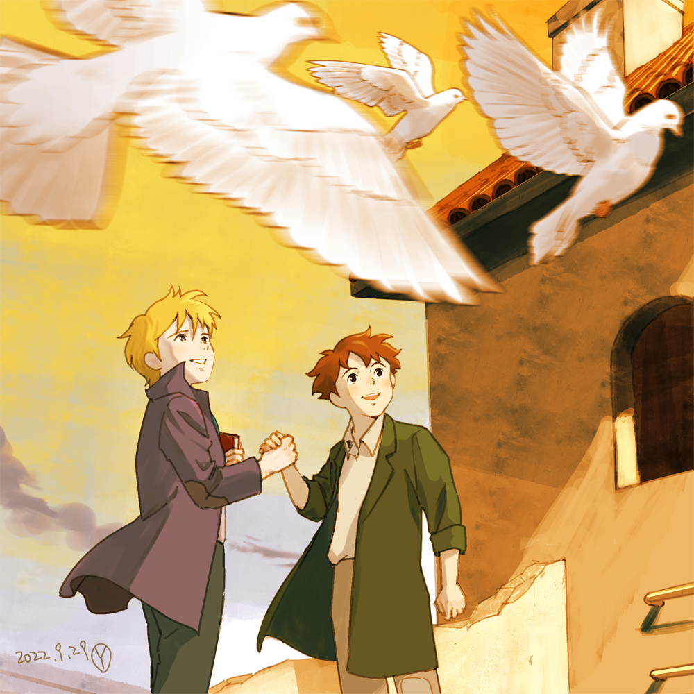 2boys, alfredo_martini, bird, blonde_hair, book, brown_hair, building, dated