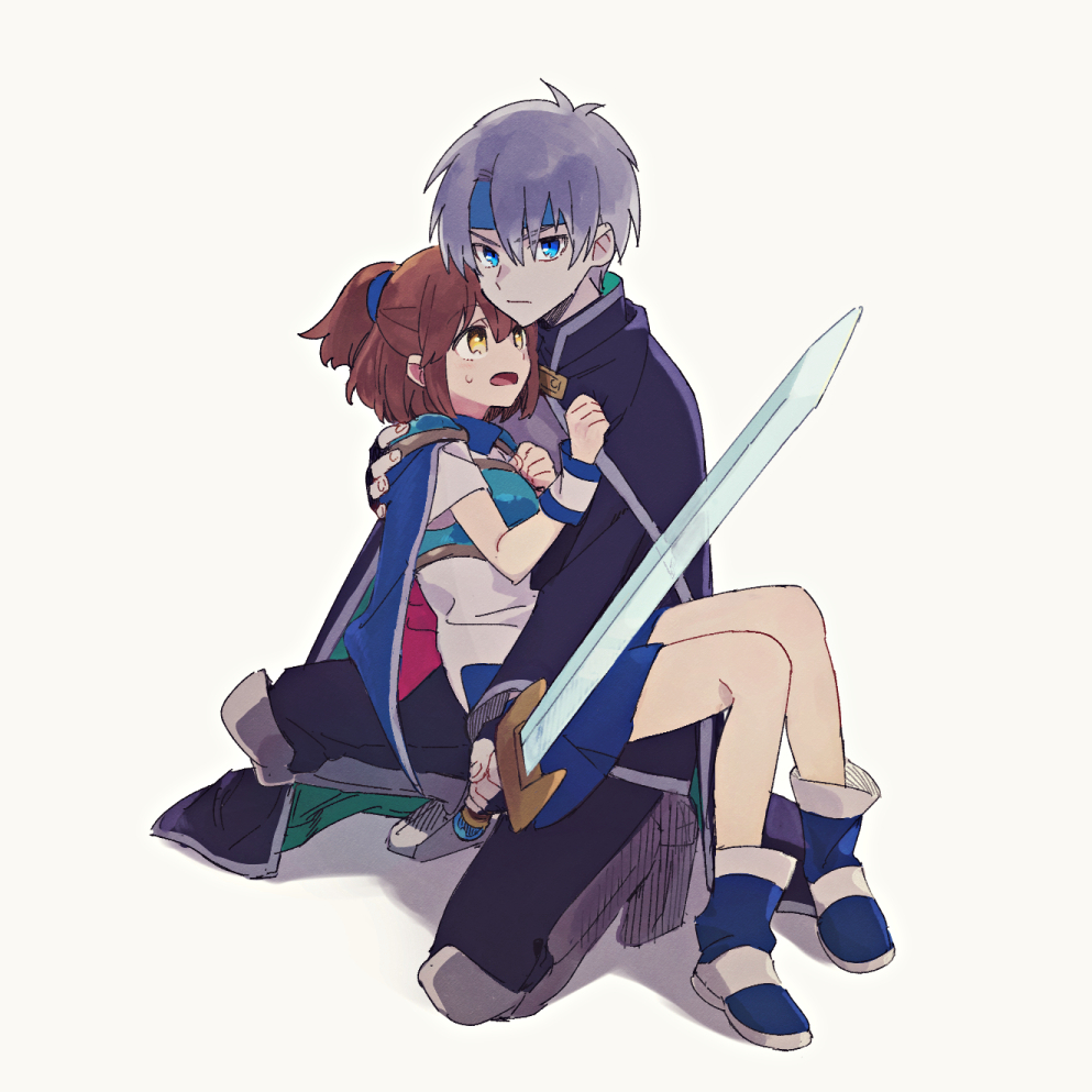 1boy, 1girl, arle_nadja, armor, blue_eyes, blue_skirt, breastplate, brown_hair