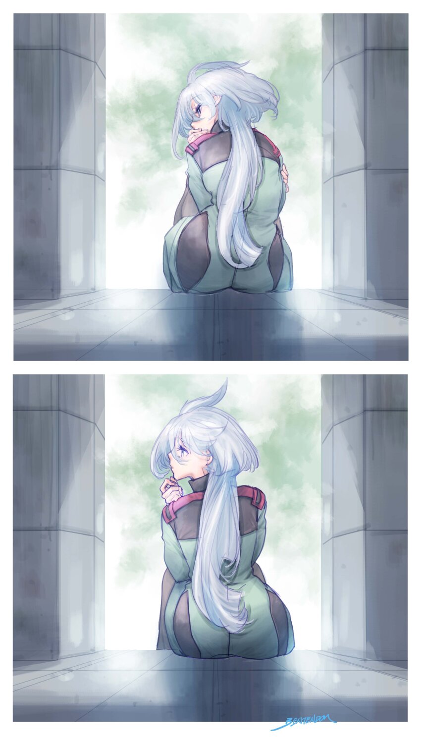 1girl, absurdres, artist_name, ass, asticassia_school_uniform, green_jacket, green_skirt, grey_eyes