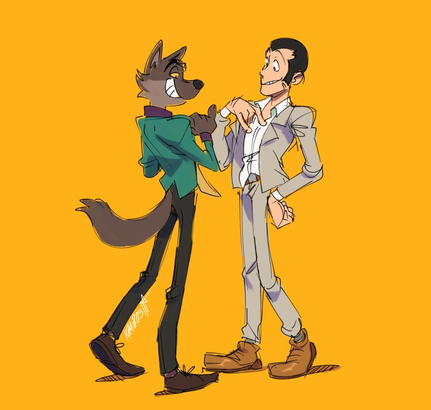 2boys, arsene_lupin_iii, arsene_lupin_iii_(cosplay), black_hair, brown_footwear, colored_sclera, commentary, cosplay, costume_switch, crossover, english_commentary, formal_clothes, furry, furry_male, grin, highres, jacket, komoroshi, long_sleeves, lupin_iii, male_focus, mr._wolf, mr._wolf_(cosplay), multiple_boys, open_collar, short_hair, signature, simple_background, smile, the_bad_guys_(movie), thief, wolf_boy, yellow_background, yellow_sclera