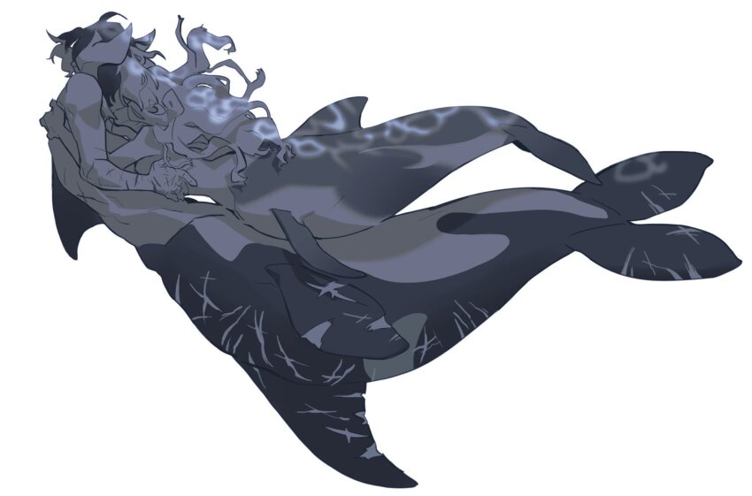 2girls, back_fin, caustics, completely_nude, dolphin_girl, facing_another, fins, floating_hair