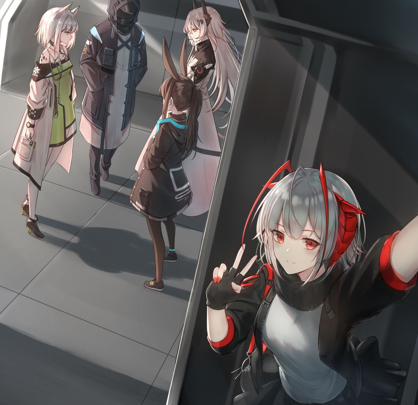 1other, 4girls, ambiguous_gender, amiya_(arknights), animal_ears, arknights, cat_ears, cat_girl