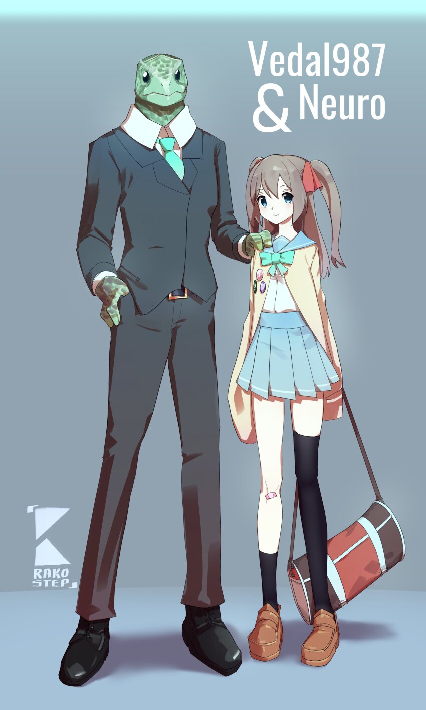 1boy, 1girl, 2023, absurdres, artist_logo, artist_name, bag, bandaid, belt, belt_buckle, black_eyes, black_footwear, black_socks, black_thighhighs, blue_eyes, blue_skirt, brown_footwear, brown_hair, buckle, business_suit, colored_skin, dress_shirt, father_and_child, father_and_daughter, formal_clothes, full_body, furry, green_necktie, green_skin, hand_in_pocket, highres, indie_virtual_youtuber, jacket, live2d_inc., logo, long_sleeves, momose_hiyori, necktie, neuro-sama, pants, parent_and_child, rakostep, school_uniform, shirt, shoes, skirt, socks, suit, suit_jacket, thighhighs, turtle, twintails, vedal987, virtual_youtuber, white_shirt, yellow_jacket