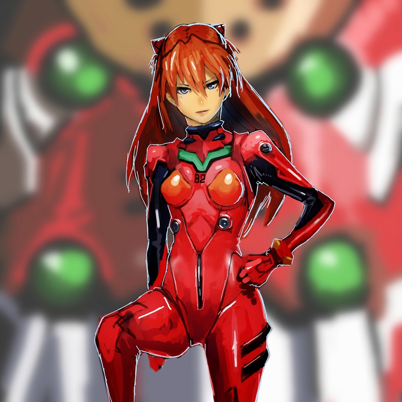 1girl, blue_eyes, female_focus, hands_on_own_hips, latex, long_hair, mecha_pilot_suit, neon_genesis_evangelion