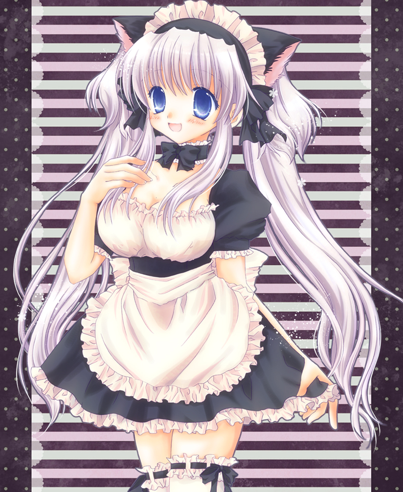 1girl, 2000s_(style), :d, animal_ears, apron, back_bow, black_bow, black_bowtie