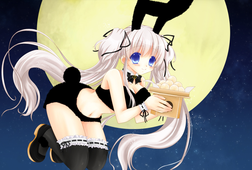 1girl, animal_ears, bare_shoulders, black_bow, black_bowtie, black_footwear, black_ribbon, black_thighhighs
