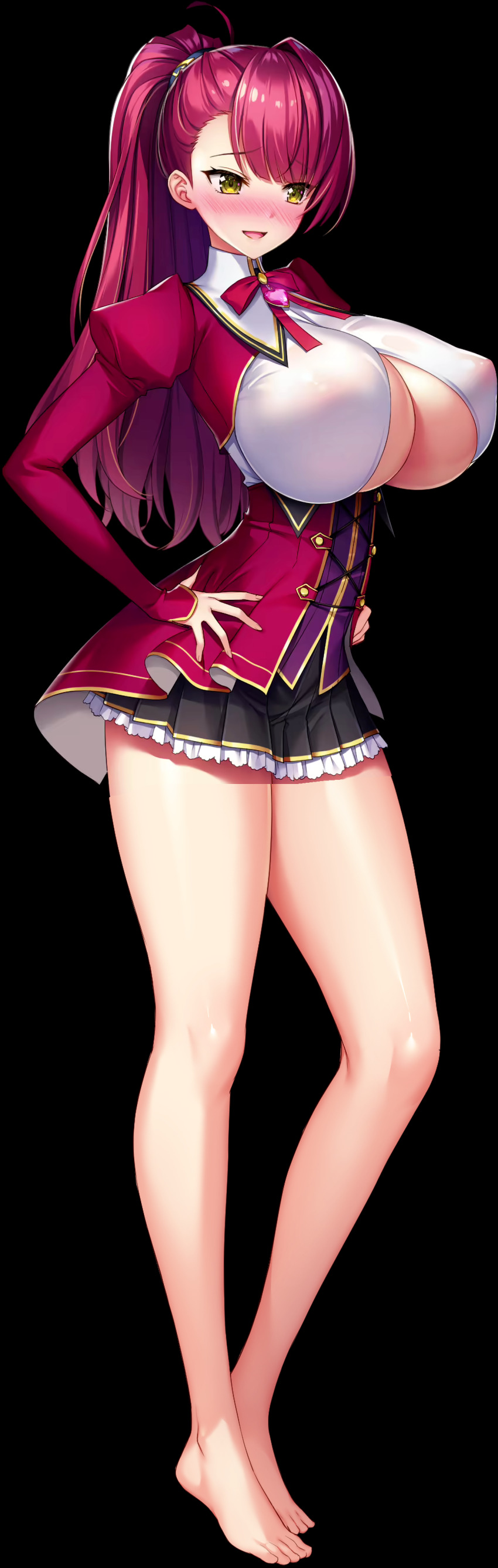 1girl, absurdres, barefoot, black_background, blush, breasts, celestia_laciel, derauea, full_body, game_cg, highres, huge_breasts, long_hair, look-alike, motto!_haramase!_(series), motto!_haramase!_honoo_no_oppai_isekai_chou_ero:_succubus_gakuen, open_mouth, ponytail, red_hair, school_uniform, skirt, smile, solo, standing, tachi-e, underboob, yellow_eyes