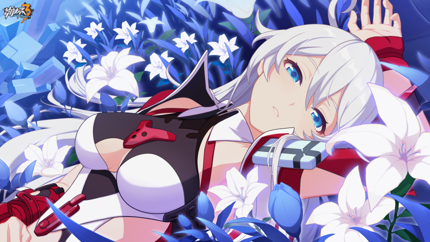 1girl, ahoge, blue_eyes, breasts, flower, hair_between_eyes, highres, honkai_(series)