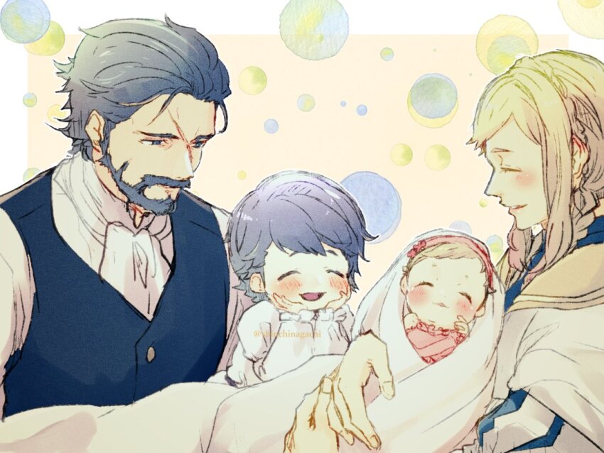 2boys, 2girls, aged_down, alfonse_(fire_emblem), alternate_costume, baby, blonde_hair, blue_eyes