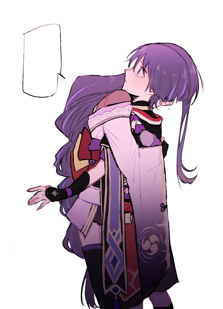 1boy, 1girl, black_shirt, blank_speech_bubble, braid, crying, genshin_impact, hug, japanese_clothes, kimono, kumayururi, long_hair, mother_and_child, mother_and_son, obi, open_mouth, parent_and_child, purple_eyes, purple_hair, raiden_shogun, sash, scaramouche_(genshin_impact), shirt, short_hair, short_sleeves, speech_bubble, tears, thighhighs, white_background