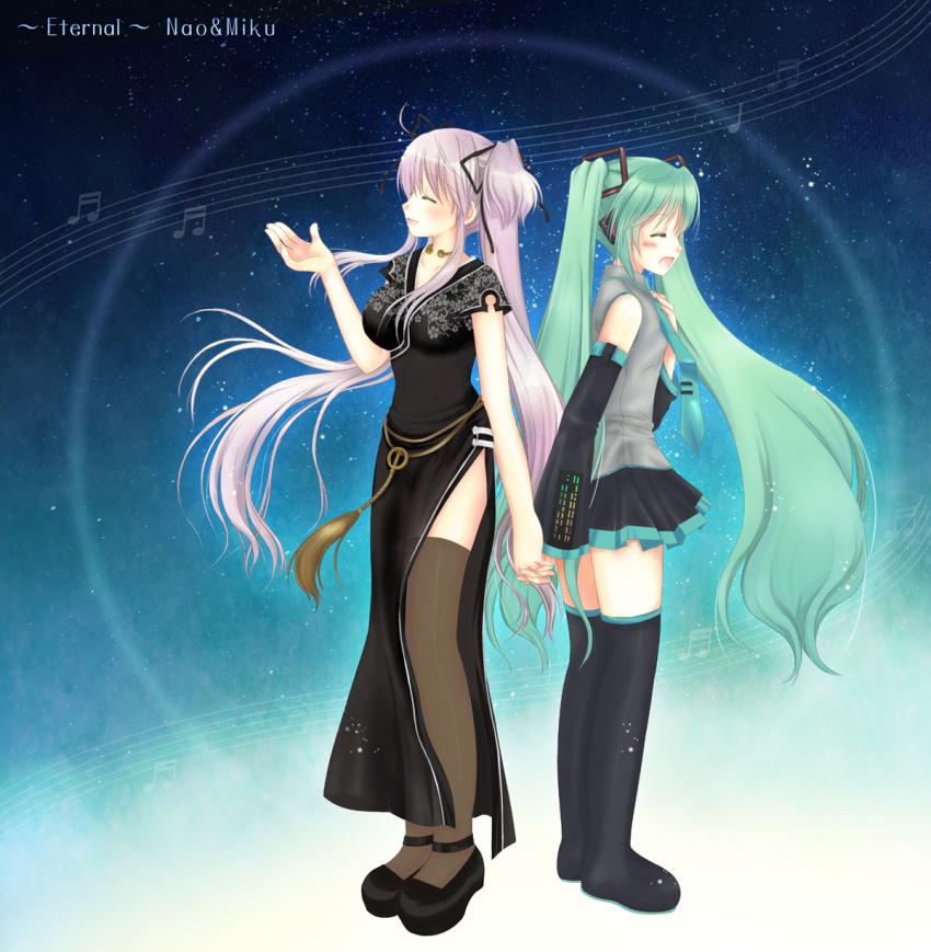 2girls, :d, ^_^, ahoge, aqua_hair, back-to-back, black_dress, black_footwear