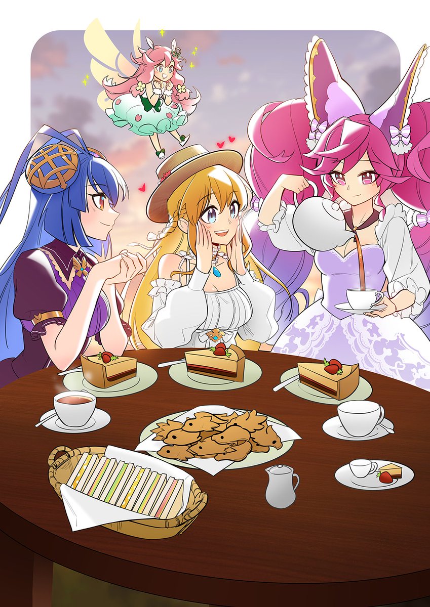 4girls, antenna_hair, bare_shoulders, basket, blonde_hair, blue_hair, brown_headwear, cake