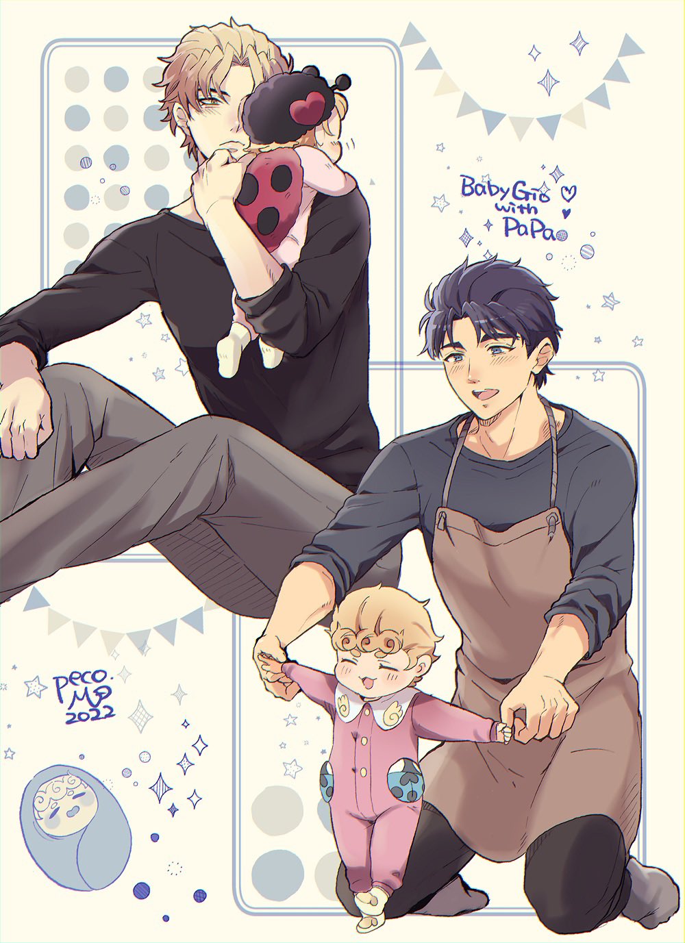 2022, 3boys, aged_down, apron, baby, black_shirt, blonde_hair, blue_eyes