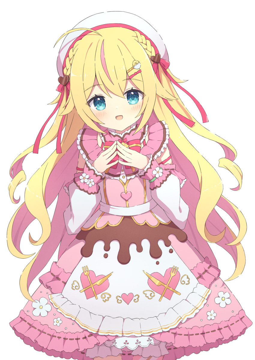 1girl, ahoge, alternate_costume, beret, blonde_hair, blue_eyes, blush, braid