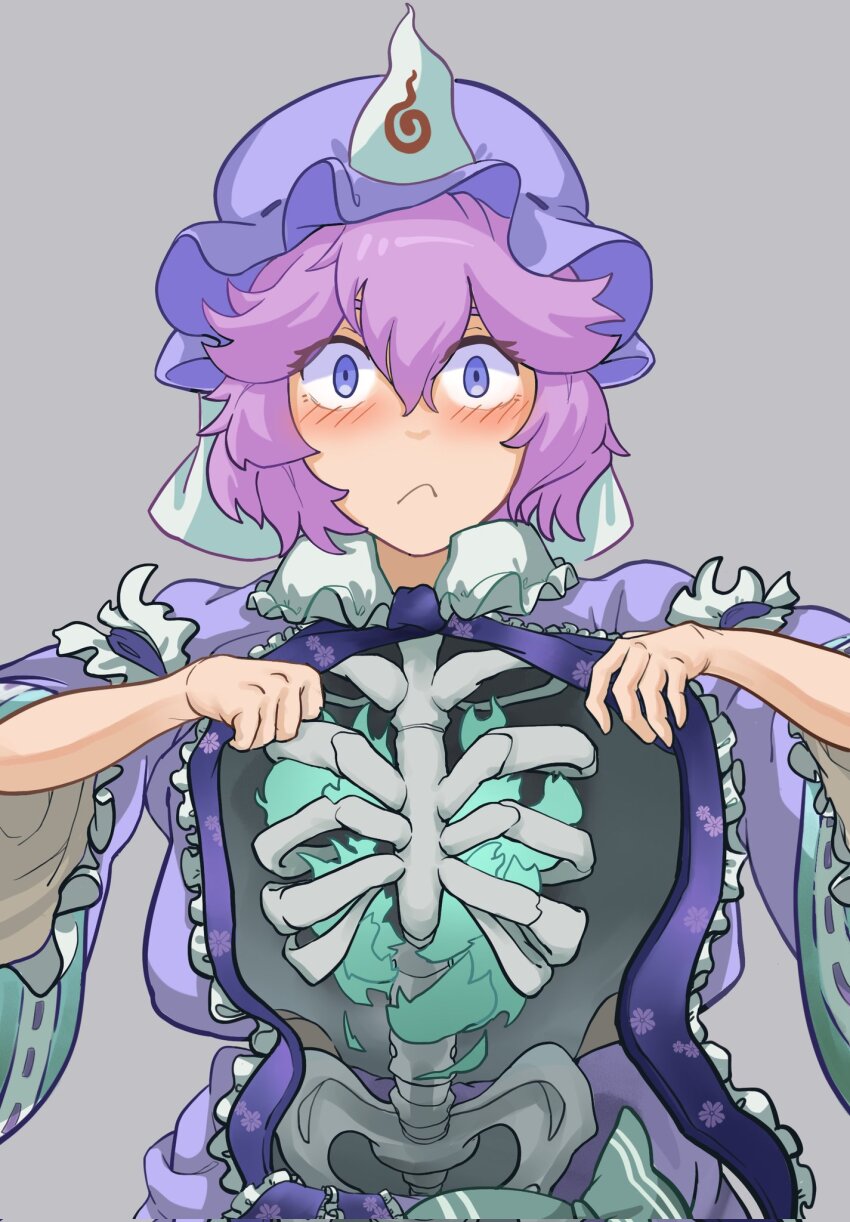 1girl, bad_anatomy, blue_kimono, blush, frilled_kimono, frills, hat, highres, japanese_clothes, kimono, lifting_own_clothes, looking_at_viewer, mob_cap, onionmay, pink_hair, purple_eyes, saigyouji_yuyuko, short_hair, skeleton, touhou, triangular_headpiece, upper_body
