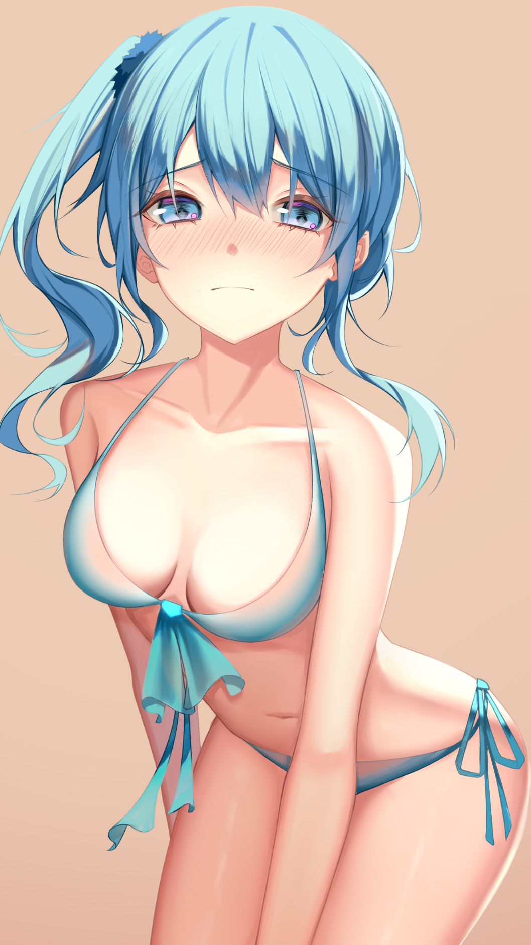 1girl, alternate_breast_size, bare_arms, bare_shoulders, bikini, blue_bikini, blue_eyes, blue_hair