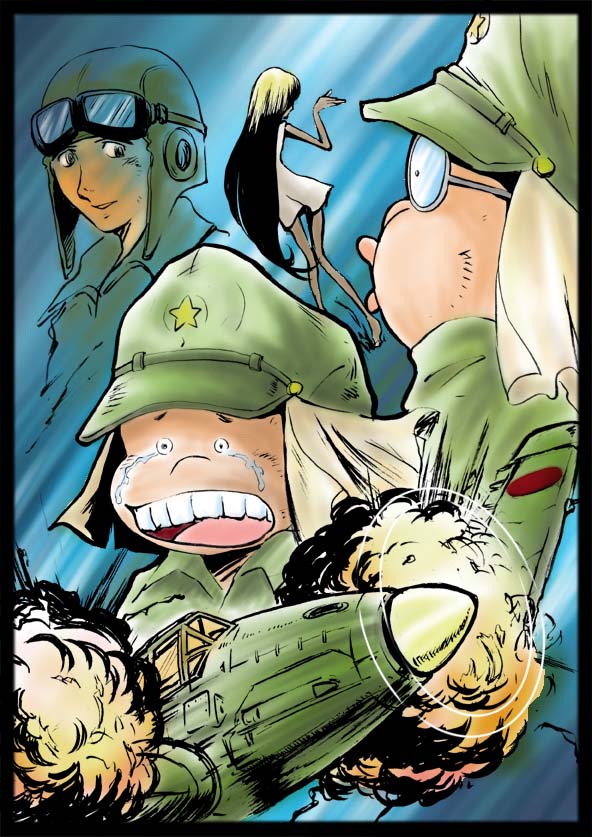 1970s_(style), aircraft, blonde_hair, canopy_(aircraft), character_request, commentary_request, crying, damaged