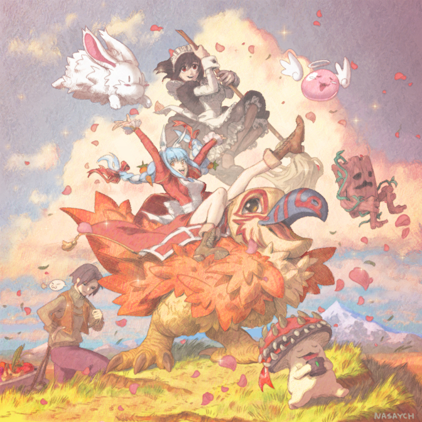 1boy, 2girls, aliza_(ragnarok_online), angel_wings, angeling, animal_ears, apple, apron