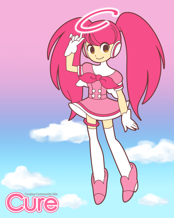 1girl, adjusting_halo, boots, bow, brown_eyes, cloud, copyright_name, cure