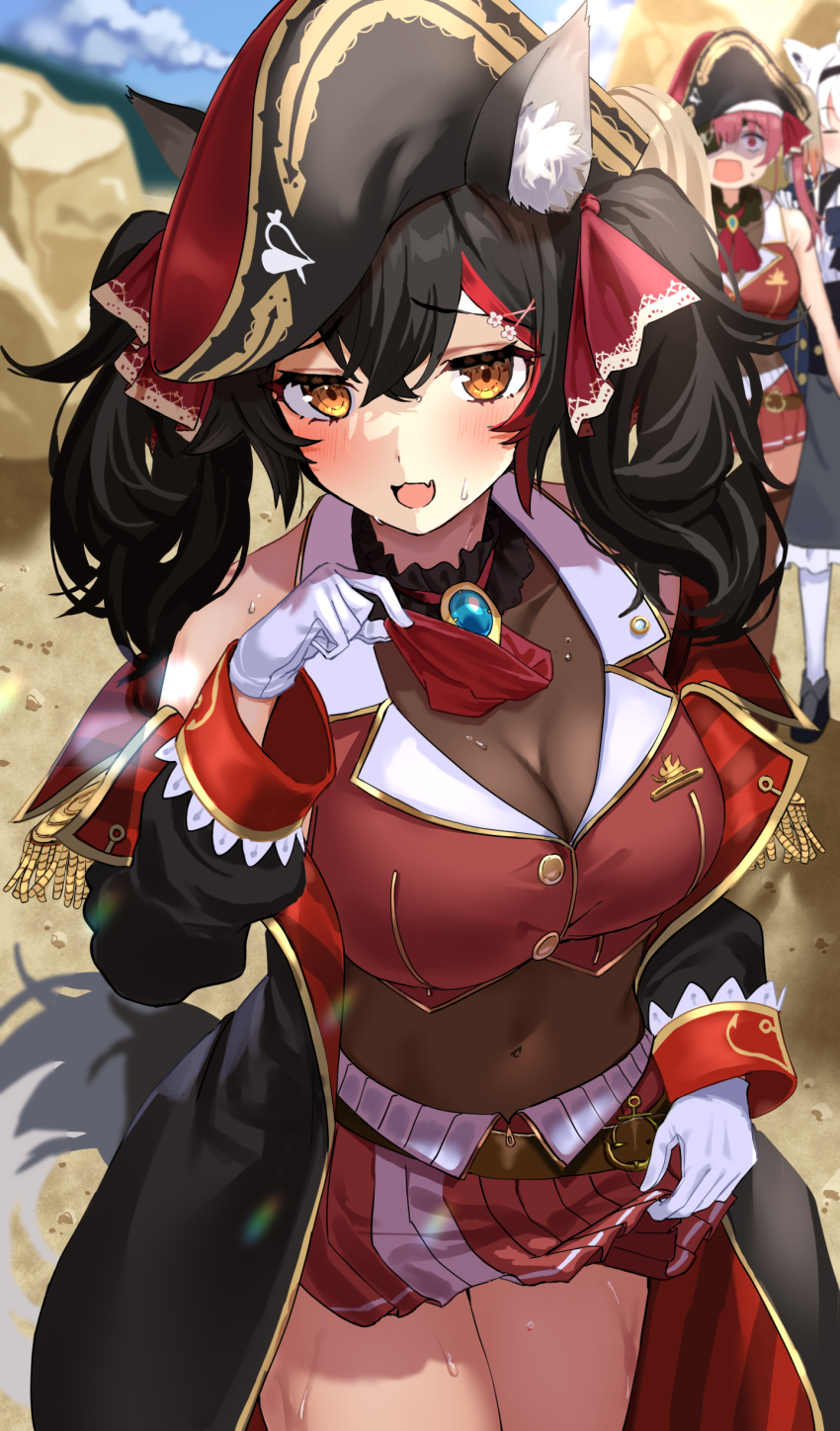 3girls, absurdres, animal_ear_fluff, animal_ears, ascot, belt, bicorne, black_coat