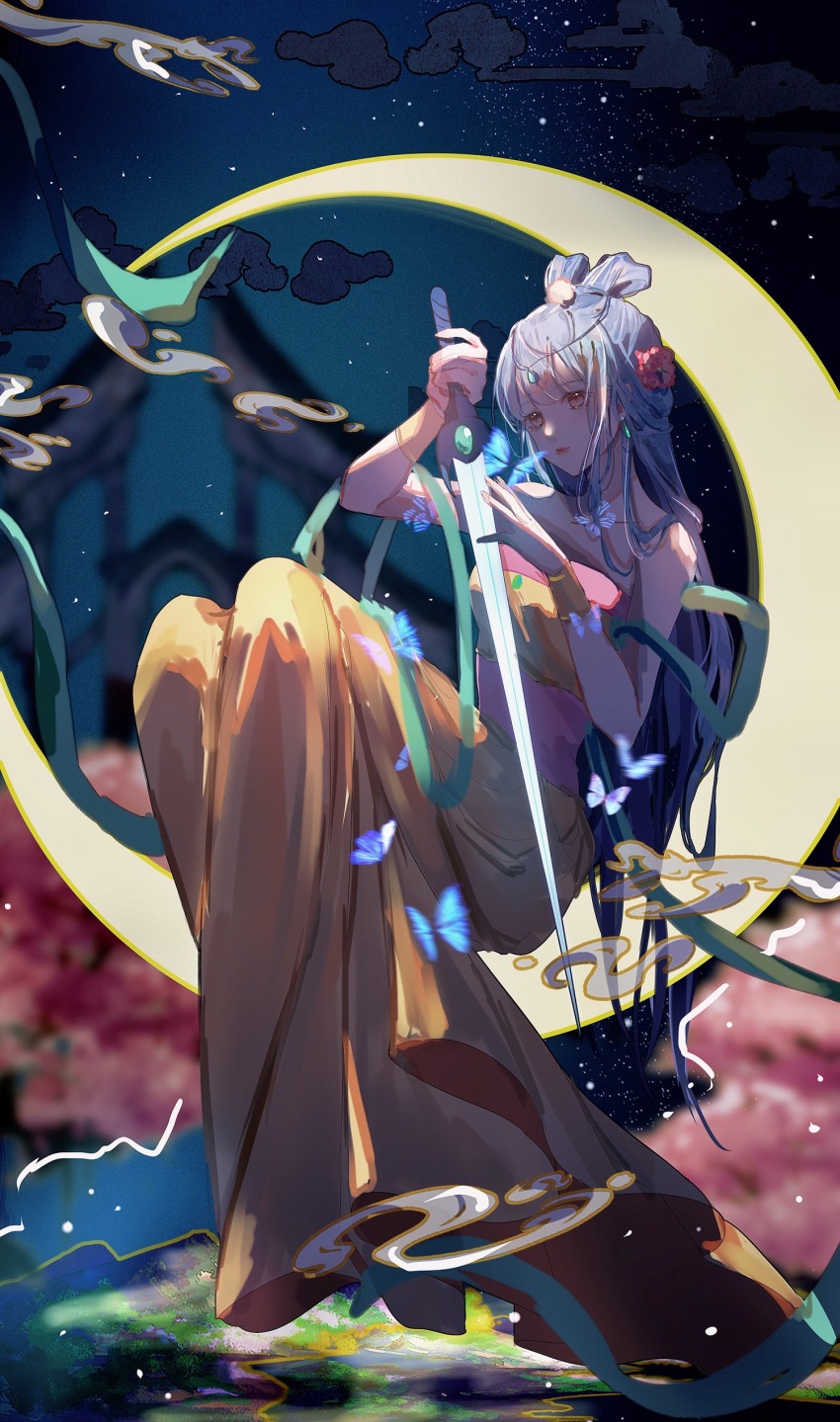 1girl, absurdres, blue_butterfly, bug, butterfly, chinese_clothes, closed_mouth, egasumi