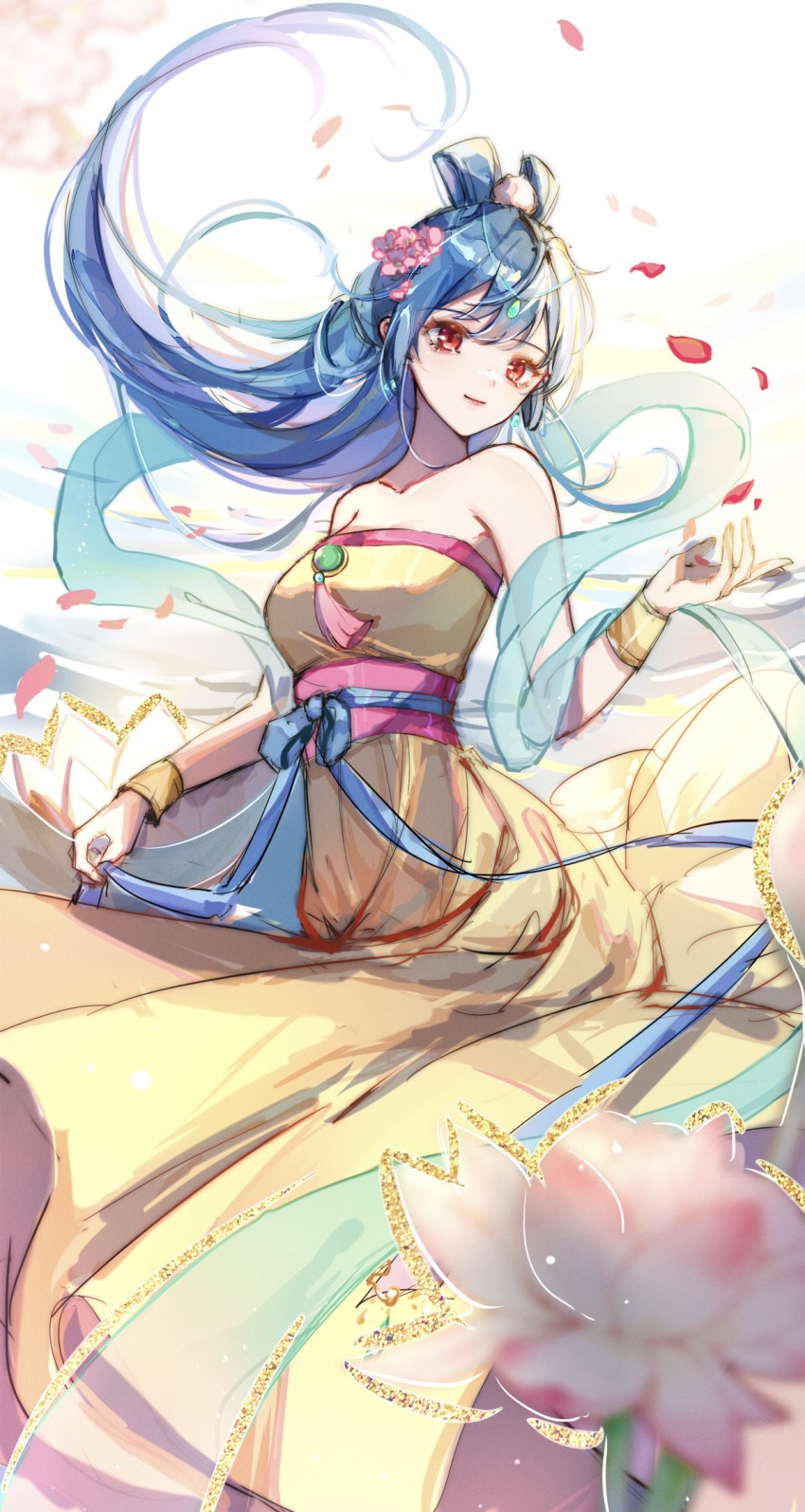 1girl, blush, chinese_clothes, closed_mouth, feixianji_(hairstyle), flower, hagoromo, hair_ornament