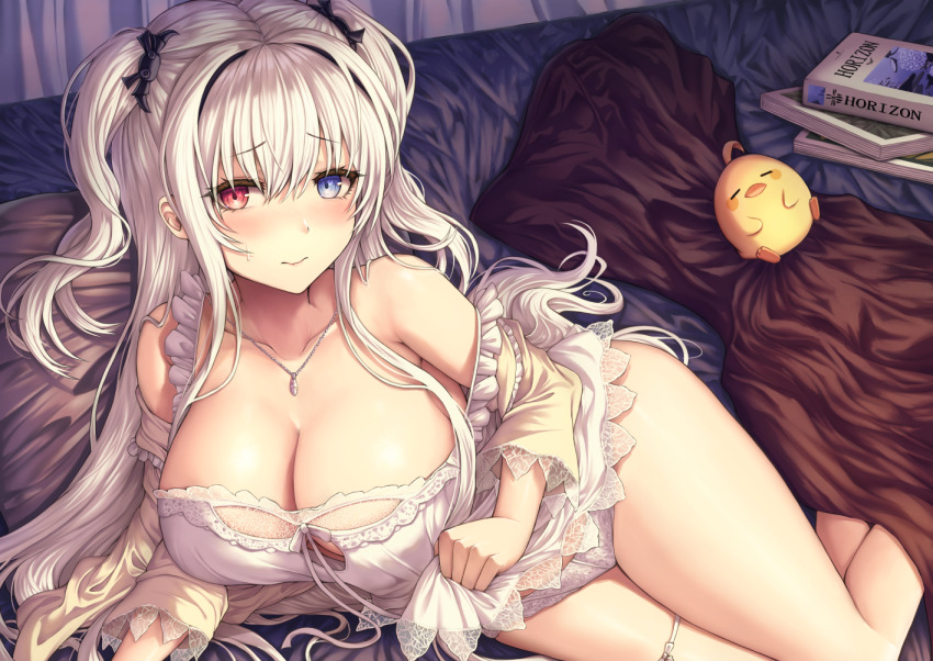 1girl, azur_lane, bare_shoulders, bed_sheet, bird, blue_eyes, blush, book