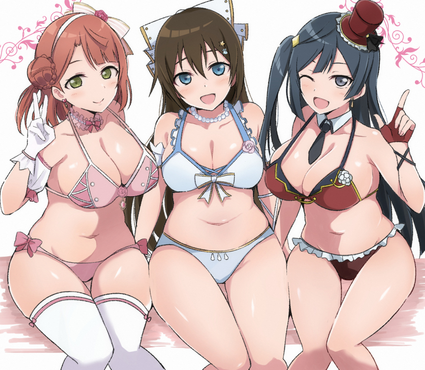 3girls, adapted_costume, anata_no_risou_no_heroine, azuna_(love_live!), bikini, breasts, chase!_(love_live!), cleavage, fingerless_gloves, gloves, highres, jewelry, large_breasts, looking_at_viewer, love_live!, love_live!_nijigasaki_high_school_idol_club, multiple_girls, necklace, osaka_shizuku, pearl_necklace, sitting, swimsuit, thighhighs, uehara_ayumu, wewe, yuki_setsuna, yume_e_no_ippo